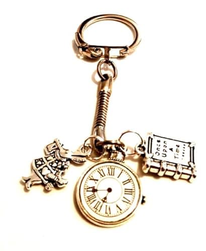 Image of Retro Alice in Wonderland Snake Keyring, Once Upon A Time Book, White Rabbit & Pocket Watch, I'm Late Keychain, Fairytale, Cosplay, Story
