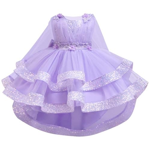 Image of ABEHIK Girls Sequin Dresses with Mesh Sleeveless Poncho Dress for Party Flower Girl Tulle Birthday Wedding Dress Purple 120cm