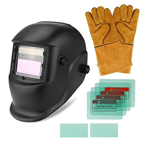 Image of Welding Helmet Auto Darkening Solar Powered Welder Helmet with 6 Replacement Lens + Welding Gloves, Adjustable Shade 4/9-13 for TIG MIG ARC Weld Grinding, Welding Mask Hood Helmet