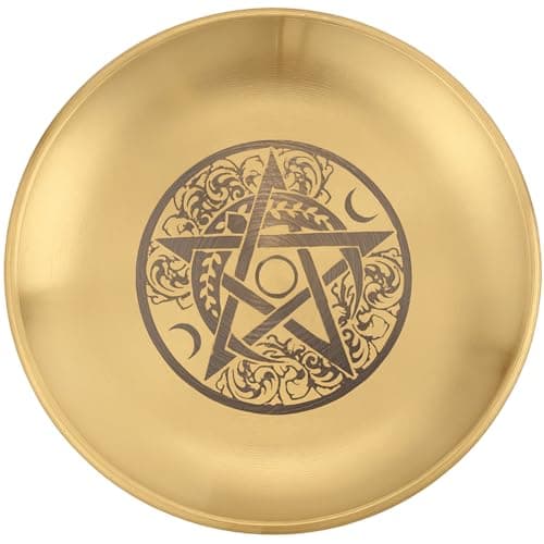 Image of CREATCABIN Pentagram Moons Altar Plate Jewelry Dish Ritual Flat Bowl Round Golden Tray Astrology Tarot Offering Bowl Dish Ring Trinket Candle Holder for Meditation Incense Stick Dowsing 5.5Inch