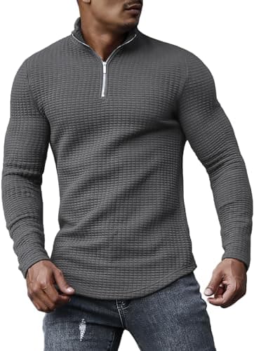 Image of KUYIGO Men's Polo Shirt Quarter Zip Long Sleeve Sports Shirts Tennis Golf Ribbed Knit T-Shirt M Dark Grey