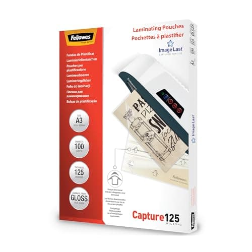 Image of Fellowes A3 Laminating Pouches, Gloss Finish, 100 Sheets, 250 Micron (2x125) Clear & Durable Laminating Pouch with Image Last Directional Mark - Ideal for Photos, Notices, Creatives, Certificates