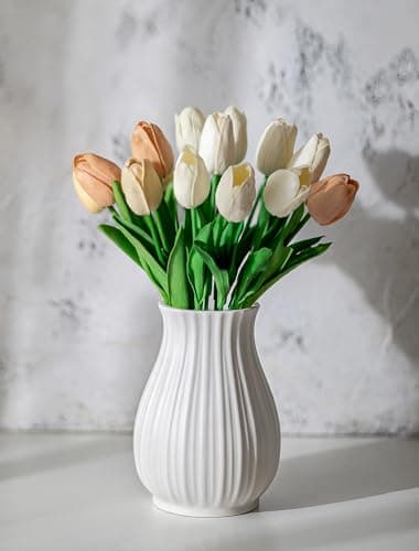 Image of NUPTIO White Ceramic Vase Farmhouse: 16cm Modern Flower Pampas Grass Vases for Living Room Bedroom Kitchen - Aesthetic Decorative Centrepiece for Window Shelf Coffee Table