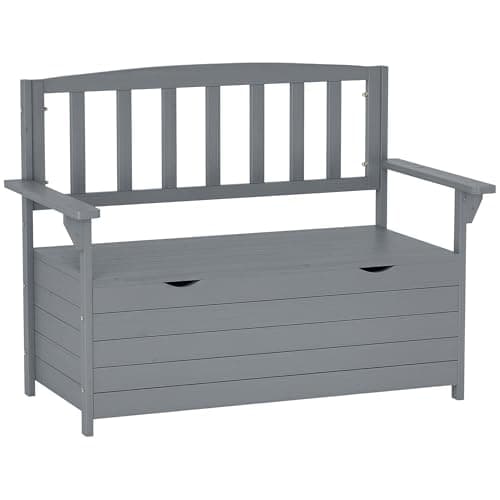 Image of Outsunny Outdoor 2 Seater Garden Bench, Wooden Bench with Storage, Garden Storage Bench with Backrest, Arm Rests for Outdoor Patio Porch, 112 x 84 x 58 cm, Dark Grey