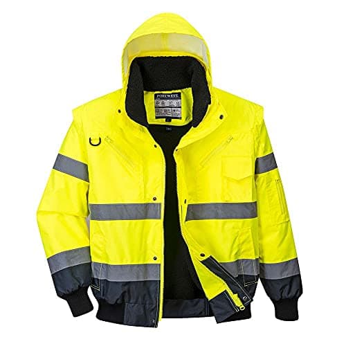 Image of Portwest C465 Hi-Vis 3-in-1 Waterproof Contrast Hooded Bomber Jacket with Pockets - Reflective Outdoor Safety Security Workwear Coat, Yellow/Navy, XS