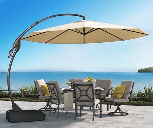 Image of Grand patio Parasol with Base Round 350 cm, Aluminium Cantilever Umbrella with 8 Ribs, Crank Lift Operating, Offset Umbrella for Pool Garden Outdoor (Parasol Cover Included)