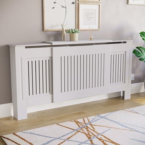 Image of Vida Designs Chelsea Radiator Cover White - Adjustable - Modern Vertical Slat Design For Optimal Heat Circulation - H82xW140-204xD20.5cm - Painted MDF Cabinet Ideal For Living Room & Hallway