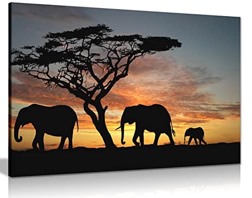Image of Panther Print, African Wall Art, Framed Pictures for Hallway and Stairs, Modern Prints for Walls, Elephants in the Sunset Africa Landscape Canvas, Print for Special Occasions (36x24 Inch)