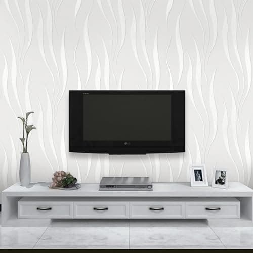 Image of Trafagala White Embossed Wallpaper Non-Woven Wave Stripes Roll 3D Silver Glitter Wallpaper Feature Modern Geometric Patterned Taupe for Livingroom Bedroom Kitchen
