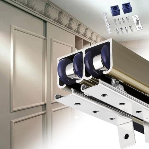 Image of EXCLURA Double Pocket Door Track 24 28 36 48 Inch, Closet Sliding Door Tracks with Wheels, Bypass Barn Door Hardware Kit Aluminum Track, Sliding Door Rail(Champagne,3.3m/10.8ft)