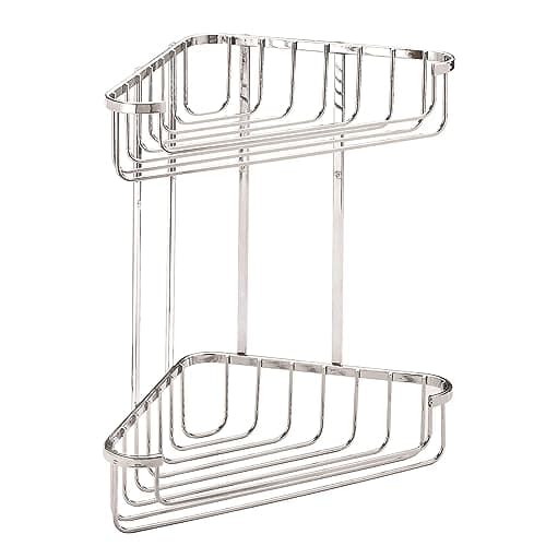 Image of Croydex Large Corner Shower Caddy - Durable Steel Bathroom Shelves with Chrome Finish for Modern Bathrooms, 2-Tier Shower Corner Shelves with Hooks, Easy Installation, 5kg Load Capacity