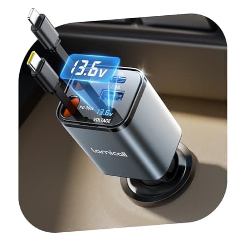Image of Lamicall 4 IN 1 Retractable Car Charger Adapter - [50% Smaller] [Voltage Display] 69W Cigarette Lighter USB Charger, Car Phone Charge with 2 Retractable Cable + USB-C & USB-A, 12V/24V Socket for Phone