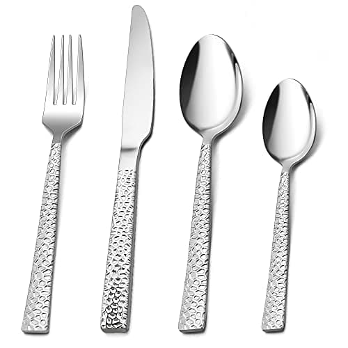Image of Herogo 16 Piece Cutlery Set, Stainless Steel Flatware Silverware Set for 4 People, Hammered Knife Fork Spoon for Home Hotel Restaurant, Mirror Polished & Dishwasher Safe