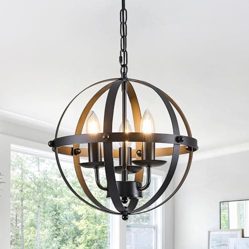 Image of Ganeed Pendant Light Industrial Globe Pendant Lighting Vintage Chandelier Spherical Hanging Ceiling Fixture for Kitchen Island Dining Table Farmhouse E14 Black 3 Light