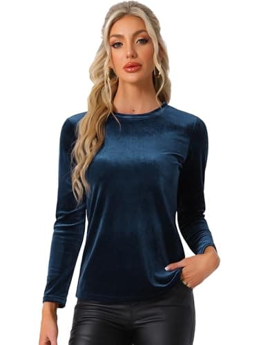 Image of Allegra K Women's Velvet Top Round Neck Long Sleeve Casual T-Shirt Dark Blue 12