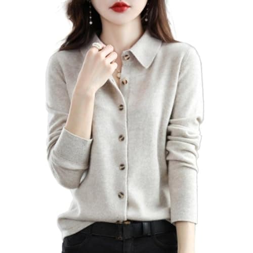 Image of Women's Cashmere Cardigan Sweater, Wool Lapel Polo Collar Button Down Long Sleeve Cardigan Sweater,Soft Warm Knit Jumpers (Camel,L)