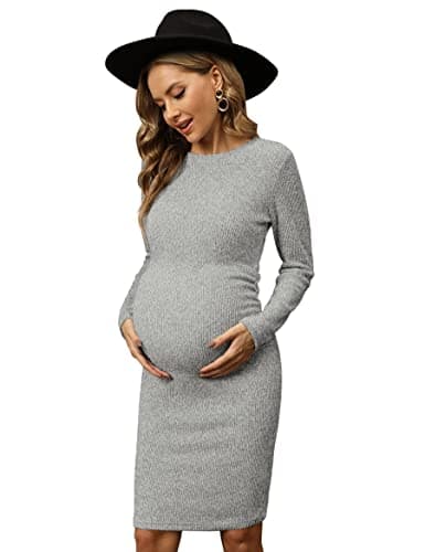 Image of Vahina Knit Ribbed Maternity Dress Side Ruched/Long Sleeve Maternity Bodycon Dress Casual Baby Shower, Light Grey, L