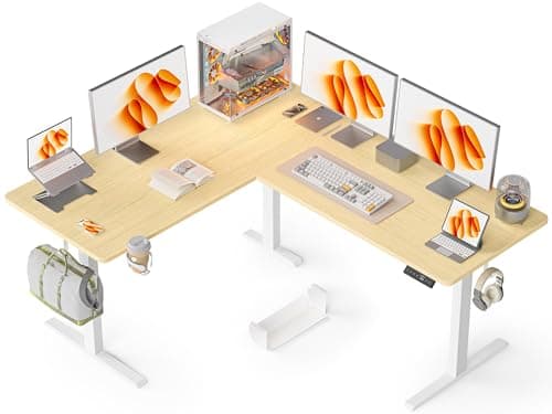 Image of WALKINGDESK L Shaped Standing Desk, 160 x 140 cm Electric Height Adjustable Corner Desk, Ergonomic Sit-Stand Desk with 4 Memory Controls, Computer Desk with Cup Holder for Home Office, Oak