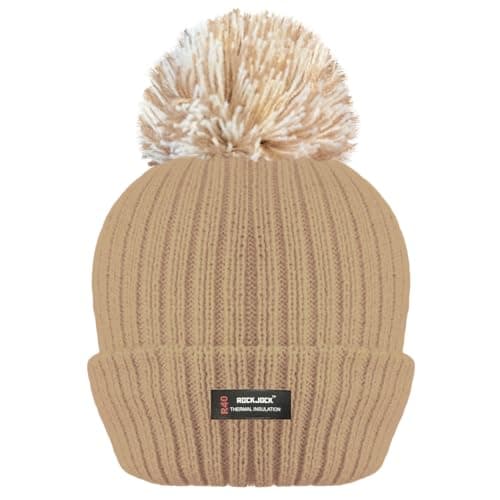 Image of RockJock R40 Ladies Womens Winter POM POM Ribbed Beanie HAT with Advanced Thermal Insulation-1 Camel