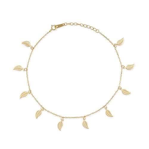 Image of Elk & Bloom Delicate Gold 14K Leaf Anklet, Gold Coin Anklet, Foot Bracelet, Boho Beaded Anklet, Gold Layered Anklet for Women, Gold Cable Chain