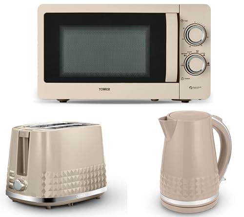 Image of Tower Solitaire Latte 1.5L 3KW Jug Kettle, 2 Slice Toaster & T24042MSH 800W 20L Microwave. Matching Modern Design Kitchen Set in Latte with Chrome Accents