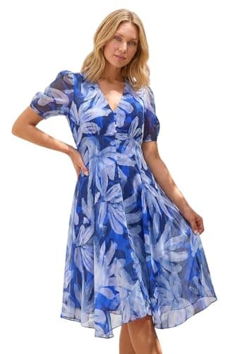Image of Roman Originals Swing Tea Dress Women UK Ladies Skater Midi A Line Fit & Flare Summer Casual Smart Cocktail Party Going Out Work Cruise Button Through Long Pocket - Blue Abstract - Size 14