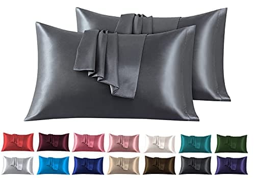 Image of Satin Cushion Cover, 50 x 90 cm, Pack of 2, 100% Satin, Super Soft Pillowcase, Dark Grey