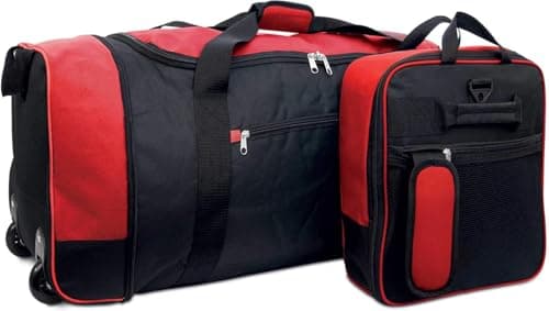 Image of Large Foldable Wheeled Holdall Bag 32” 80L Capacity Travel Suitcase with Wheels, Expandable Lightweight Rolling Luggage, Carry Bag with Shoulder Strap, Storage Travel Duffel for Holidays (Black/Red)