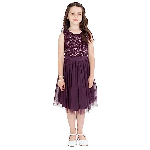 Image of Maya Deluxe Midi Dress for Girls Sequins Embellished Party Tutu Bridesmaids Wedding with Belt Bow Berry Size 5-6 Years