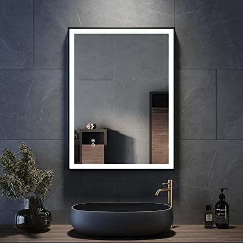 Image of ELEGANT 800 x 600mm Bathroom Mirror with LED Lights, Backlit Illuminated Black Aluminum Frame Wall Mounted Mirror with Memory Dimmable Light and Anti-Fog, Horizontal/Vertical LED Smart Mirrors