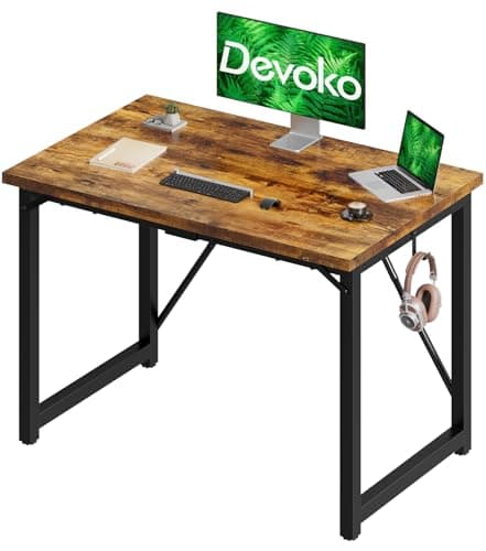 Image of Devoko Computer Desk 100 x 50 x 75 cm, Home Office desk, Study Writing Small Desks, Gaming Deske for Home Workstations, Industrial Design Black Desk Metal Frame, Rustic Brown