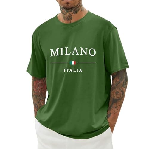 Image of Casual T Shirts for Men UK,Italian Graphic Letter Print Casual Short Sleeve T Shirt for Comfortable Crew Neck Tee Breathable Daily Army Green