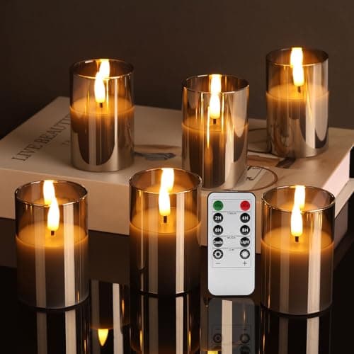 Image of Eywamage Grey Glass Flameless Candles with Remote Timer, 6 Pack Flickering LED Votive Candles Battery Included Φ 2" H 3"