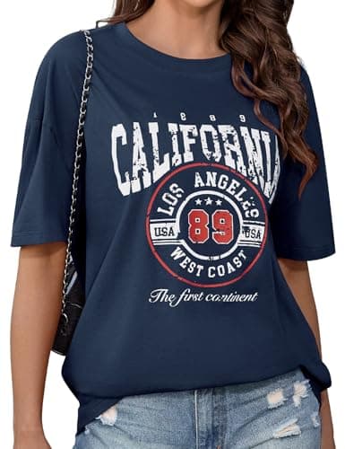 Image of CMTOP Oversized T Shirts Women Crew Neck Short Sleeve Summer Tops Women's Cotton Letter Printed T-Shirts Casual Loose Graphic Tee Shirts Tunic Tops (Navy Blue, M)