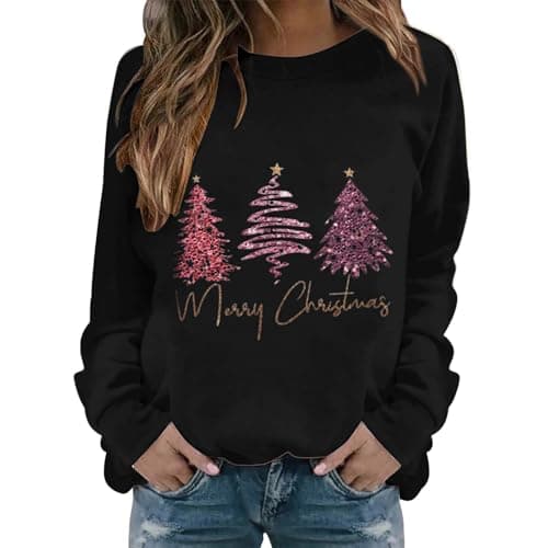 Image of HUIFUAO Christmas Sweatshirts for Women Womens Christmas Sweatshirt Christmas Tree Long Sleeve Ladies Tops Womens Christmas Sweatshirt (Black, XXL)