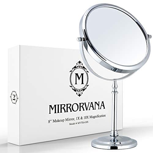 Image of MIRRORVANA Large 10X Magnifying Makeup Mirror on Stand for Bedroom and Bathroom, Classic Free Standing Round Table Mirror with Double Sided 10X/1X Magnification, 38cm Tall and 20cm Wide