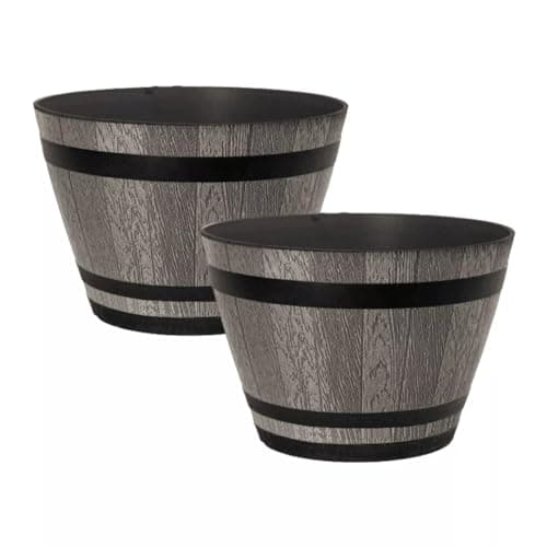 Image of Fyne-Finds Set of 2 Plastic Whiskey Barrel Planter 30cm, 12inch Brown Ash 9L Outdoor Garden Decor Plant Pot with Drainage Holes