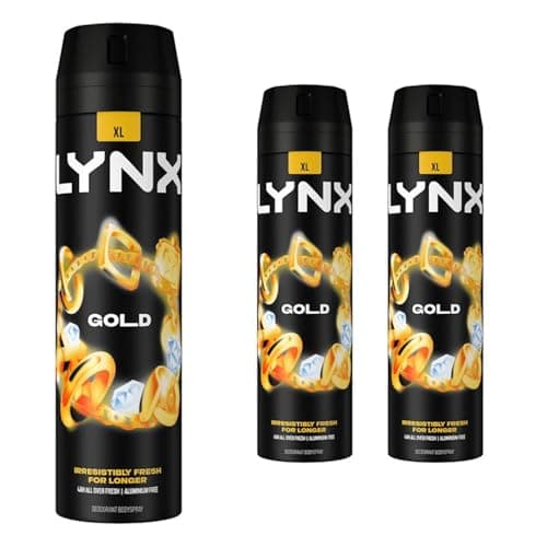 Image of Lynx XL Gold Body Spray Deodorant for Men 200ml Pack of 3, 48H Odour Protection Bodyspray Aerosol, High Definition Masculine Fragrance, Lynx Deodorant Mens Everyday Freshness