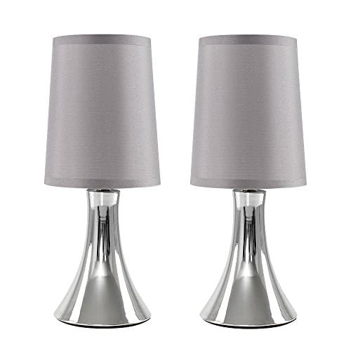 Image of MiniSun | Small Modern Chrome Trumpet Touch Table Lamps with Grey Fabric Shades | Table Lamps, Home Décor & Improvement Essential | Set of 2