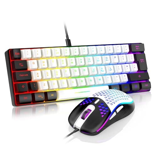 Image of RedThunder 60% RGB Gaming Keyboard and Mouse Combo,UK Layout Ultra Compact Backlit Mini Keyboard, Lightweight 7200 DPI Cellular Optical Mouse, Portable Wired Gaming Set for PC PS5 Gamers(White-Black)