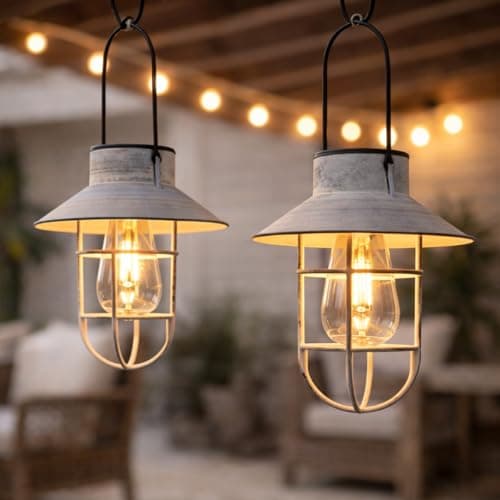 Image of Festive Lights - 2 Pack 21cm Solar Grey Fisherman Hanging Cage Lantern, Warm White Filament Effect LEDs - Antique Rustic Metal Look, IP44 Rated, Outdoor Decorative Garden Light - Integrated Panel