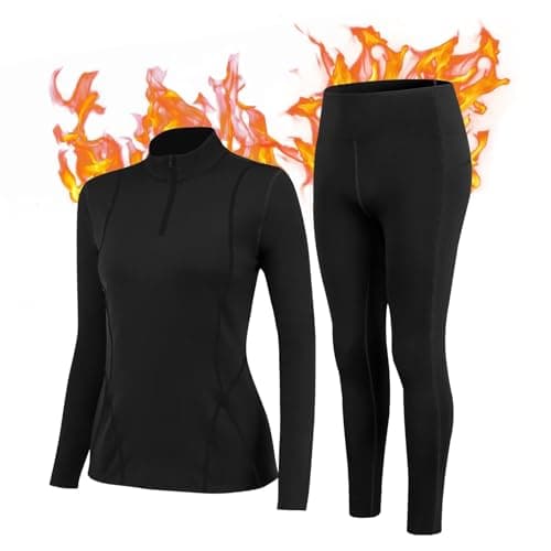 Image of TERODACO Thermal Ski Base Layers Women Half Zip Warmth Thermal Underwear Set Womens UPF 50+ Quick Dry Thermal Tops and Fleece Lined Leggings for Running Hiking Cycling,Soft 02513 02324 Black S