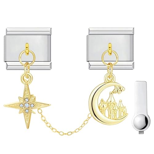 Image of ZEKW Personalized Double Charm – 9mm Stainless Steel Italian Link Bracelet Accessory with Installation Tool (Four-Pointed Star & Castle)