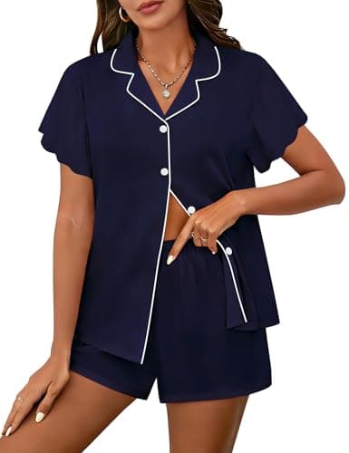 Image of SWOMOG Pyjama Sets for Women 2 Piece Short Sleeve Sleepwear Button Down Soft Pjs Ruffle Sleeve Lounge Sets with Pockets Navy Blue Small