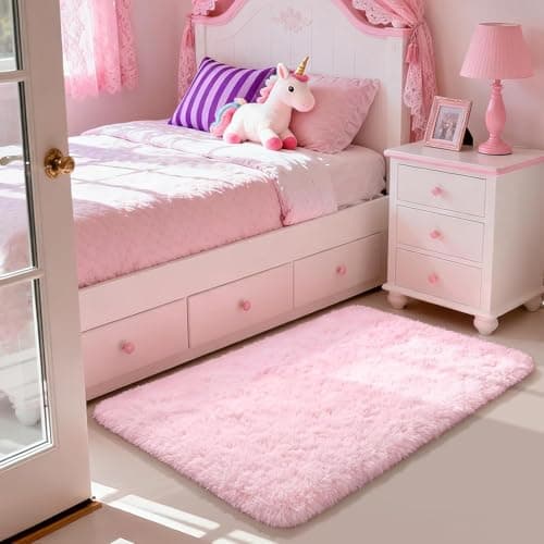 Image of Aspire Homeware Rugs Living Room - Pink Area Rugs 50x80cm for Bedroom Anti Slip - Modern Super Soft Thick Pile Small Fluffy Shaggy Rug Non Shedding