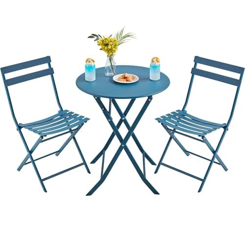 Image of Yaheetech 3-Piece Folding Bistro Set, Outdoor Bistro Table and Chairs Set, Space-Saving Garden Furniture for Balcony Yard, Blue