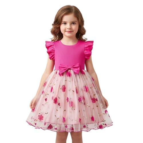 Image of NNJXD Little Girl Casual Dress Princess Party Tulle Flower Embroidery Kids Dresses 2173 Hot Pink Size(3Y) 2-3 Years