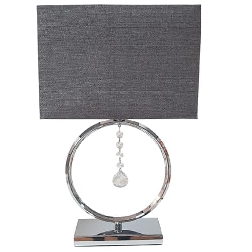 Image of Britalia Table Lamp, Polished Chrome with Crystal Droplets, Grey Cotton Shade, 44cm Height