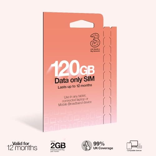 Image of Three PAYG Mobile Broadband SIM, Pre-loaded with 120GB of Data that Lasts up to 12 Months