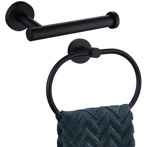 Image of APLusee Matte Black 2 Pieces Bathroom Accessories Set, Hand Towel Ring, Toilet Paper Holder, Stainless Steel Bath Hardware Wall Mounted